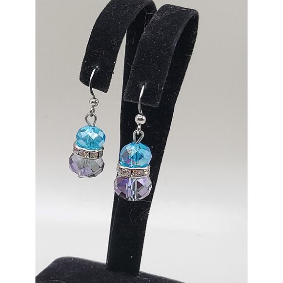 Blue Purple Faceted Glass Bead Earrings Rhinestone Spacer Dangle Jewelry - Picture 5 of 5